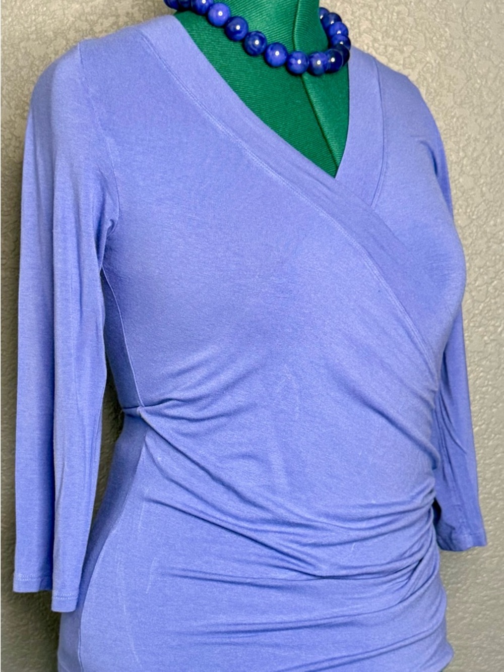 Lauren Ralph Lauren Wrap Top M Lavender Ruched V Neck 3/4 Sleeve - Picture 8 of 11
